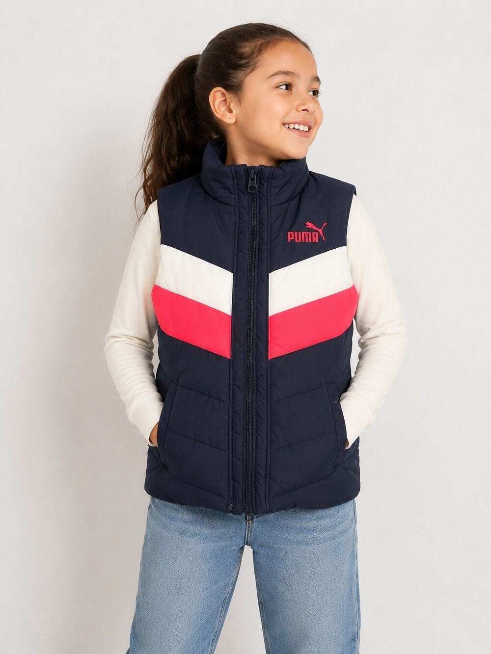 Puma Kids Puffer Vest Size 8 Navy Pink White Full Zip Lightweight Winter Coat - Picture 1 of 9